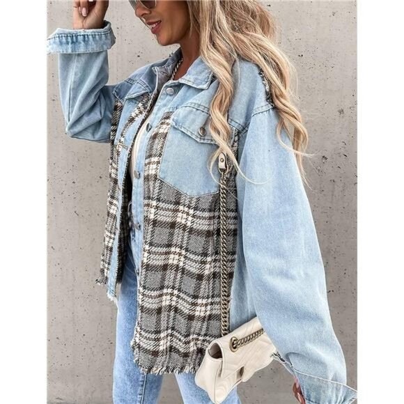 Light Wash Plaid Printed Patchwork Oversized Denim Jean‎ Shacket Jacket Top - Picture 2 of 7